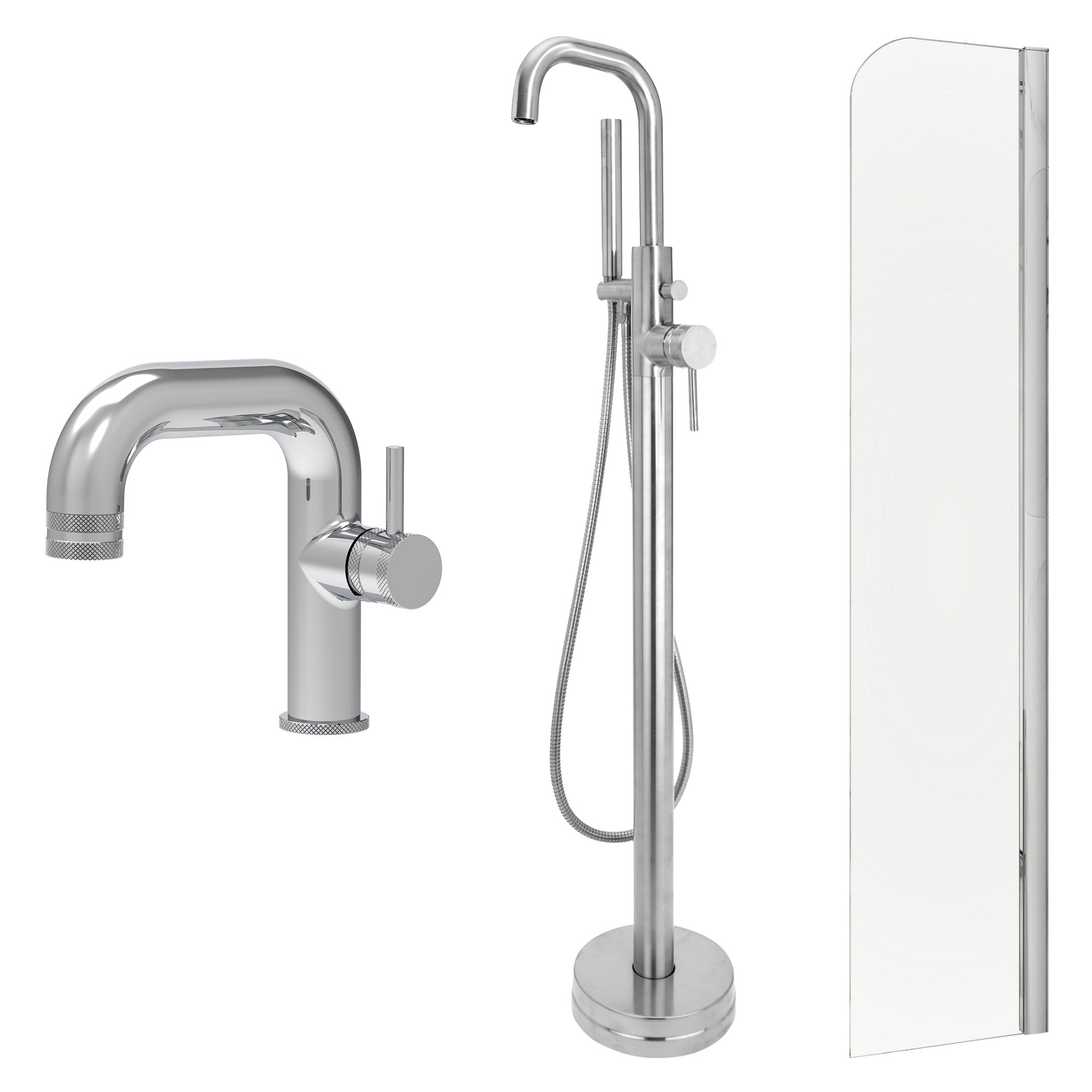 Chrome Side Lever Basin Mixer Tap, Freestanding Bath Shower Mixer and Radius Bath Screen
