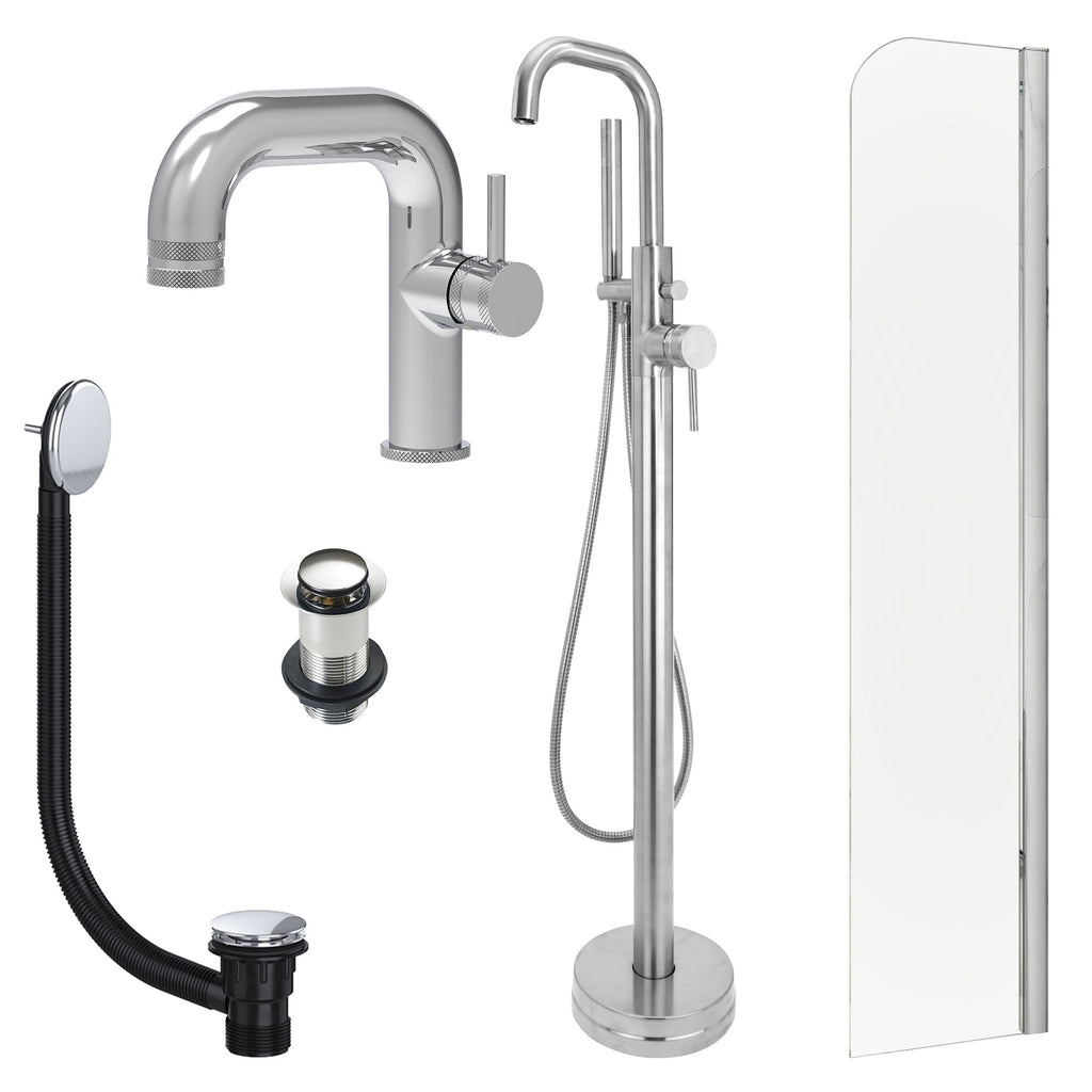 Chrome Side Lever Basin Mixer Tap, Freestanding Bath Shower Mixer and Unslotted Basin and Bath Waste and Radius Bath Screen