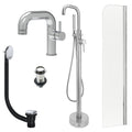 Chrome Side Lever Basin Mixer Tap, Freestanding Bath Shower Mixer and Unslotted Basin and Bath Waste and Radius Bath Screen