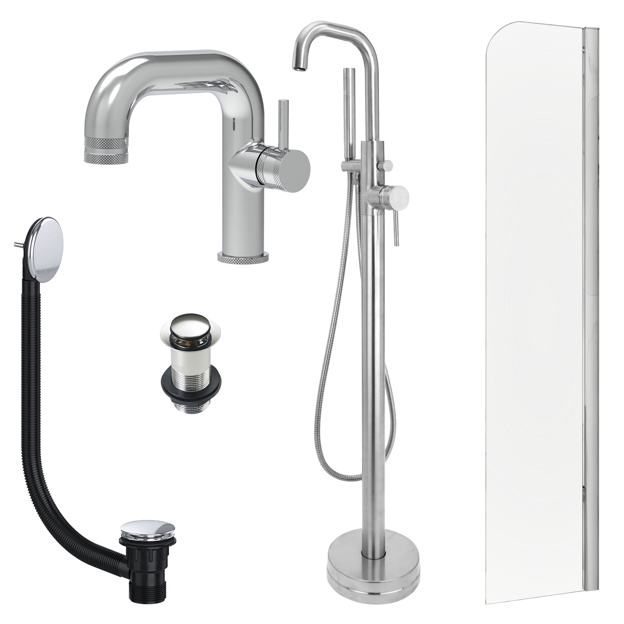 Chrome Side Lever Basin Mixer Tap, Freestanding Bath Shower Mixer and Unslotted Basin and Bath Waste and Radius Bath Screen