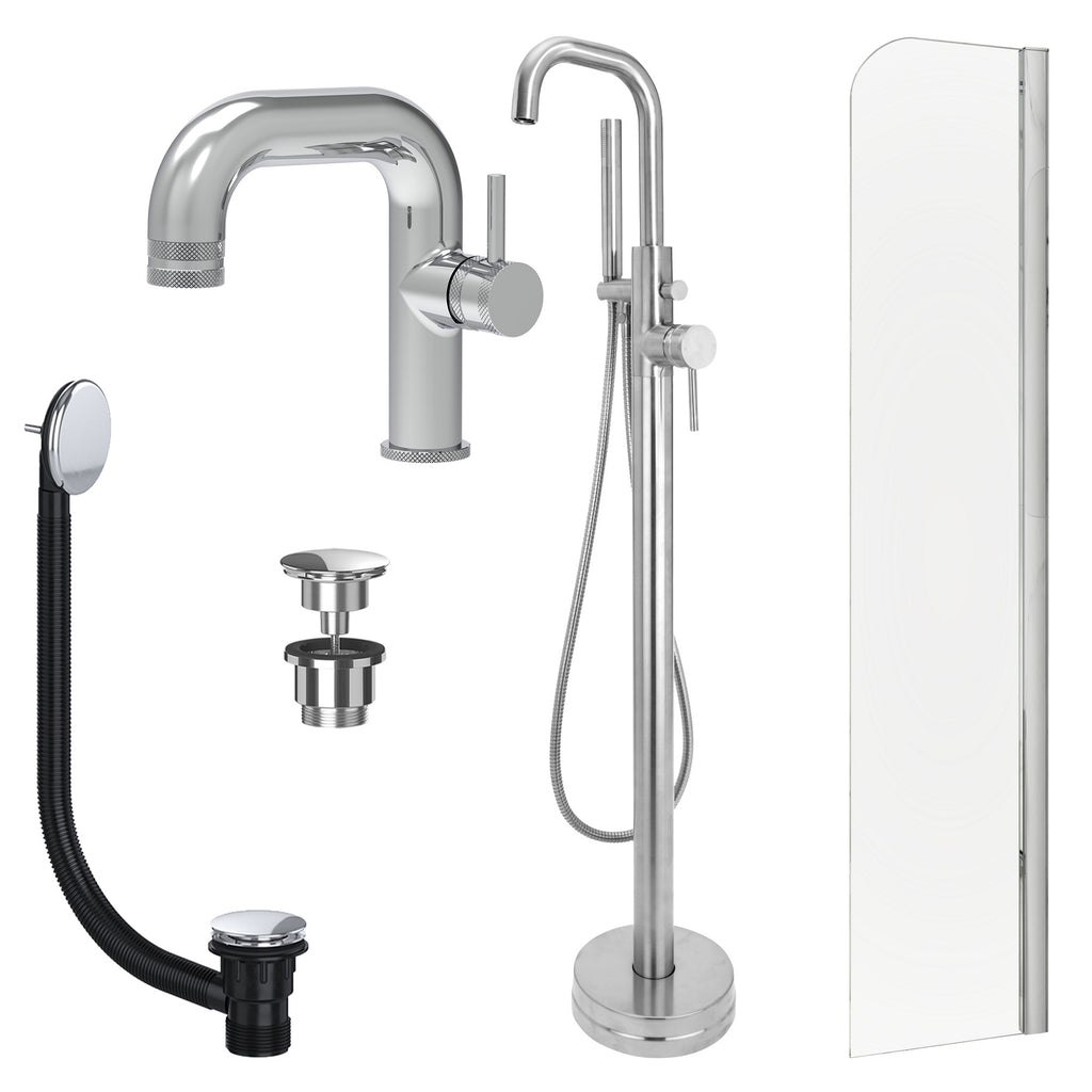 Chrome Side Lever Basin Mixer Tap, Freestanding Bath Shower Mixer and Universal Basin and Bath Waste and Radius Bath Screen