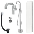 Chrome Side Lever Basin Mixer Tap, Freestanding Bath Shower Mixer and Universal Basin and Bath Waste and Radius Bath Screen
