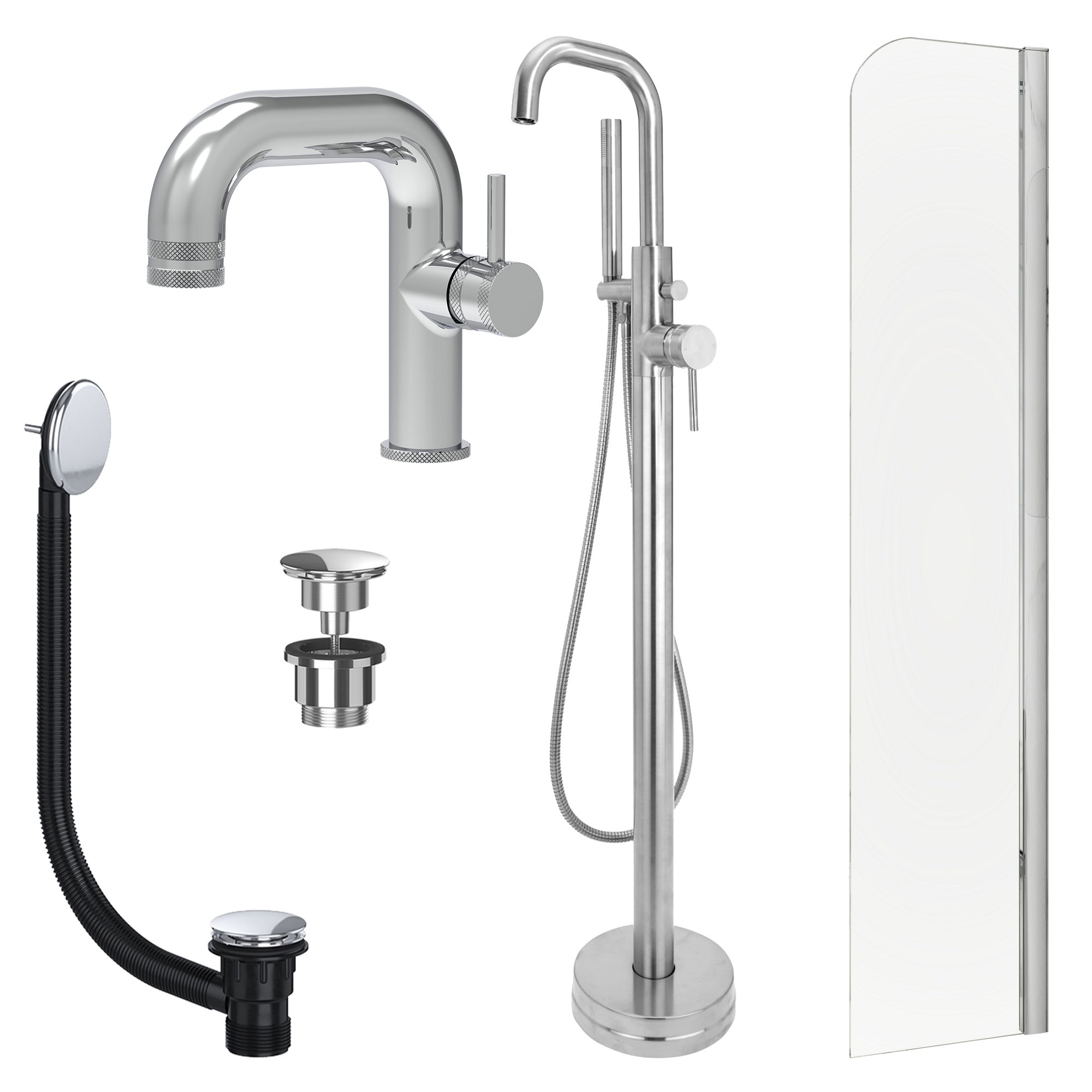 Chrome Side Lever Basin Mixer Tap, Freestanding Bath Shower Mixer and Universal Basin and Bath Waste and Radius Bath Screen