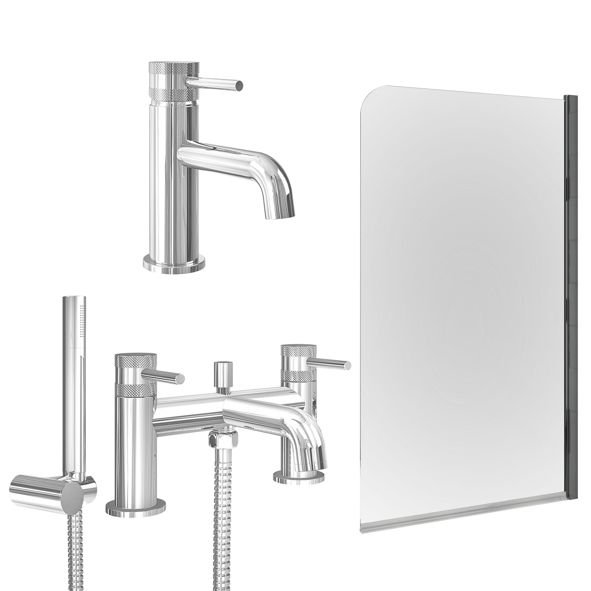Chrome Basin Mixer Tap, Bath Shower Mixer and Edge Bath Screen