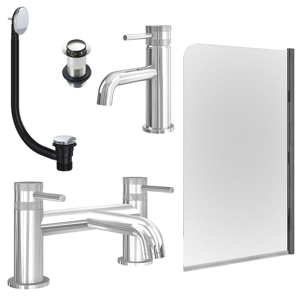 Chrome Basin Mixer Tap, Bath Filler with Unslotted Basin and Bath Waste and Edge Bath Screen
