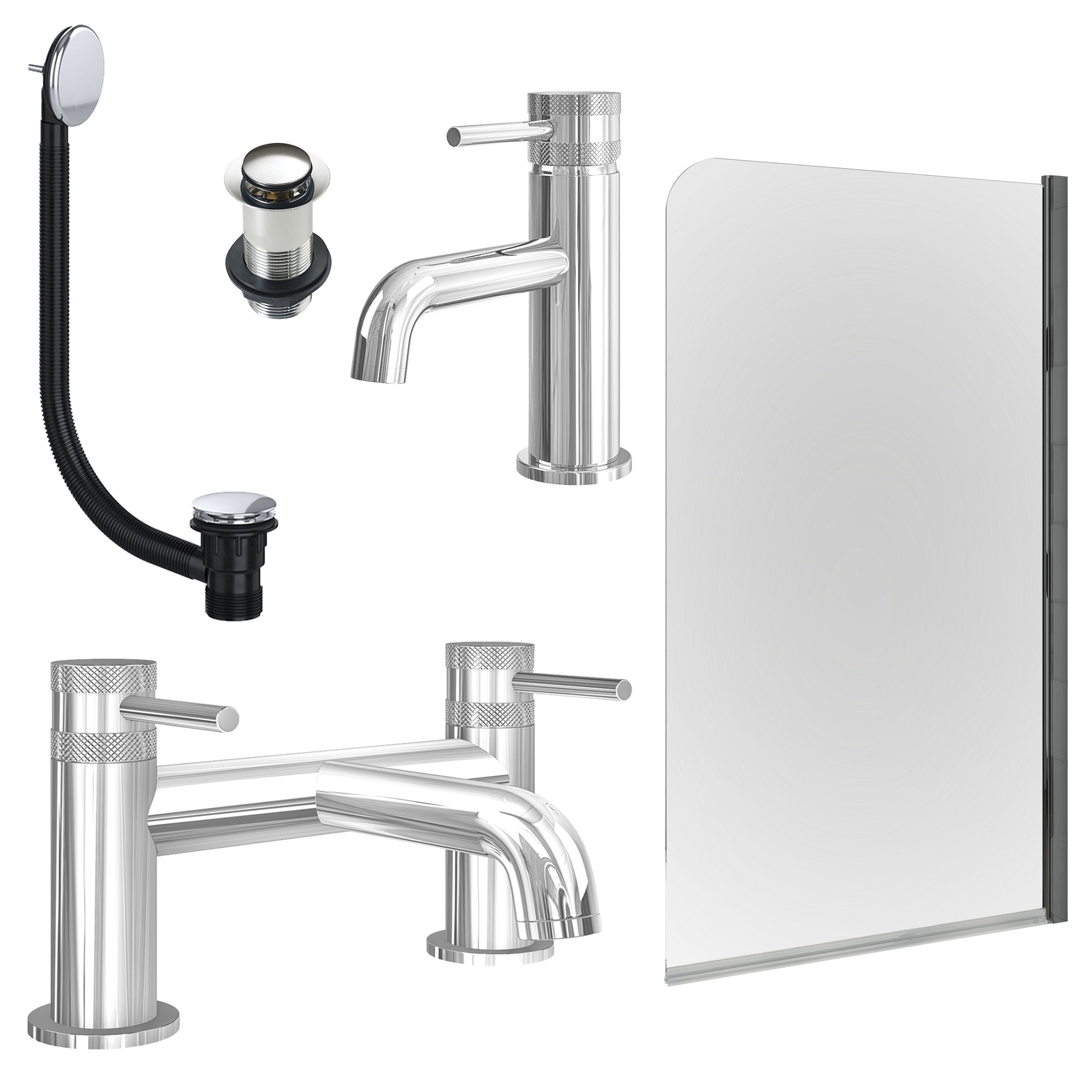 Chrome Basin Mixer Tap, Bath Filler with Unslotted Basin and Bath Waste and Edge Bath Screen