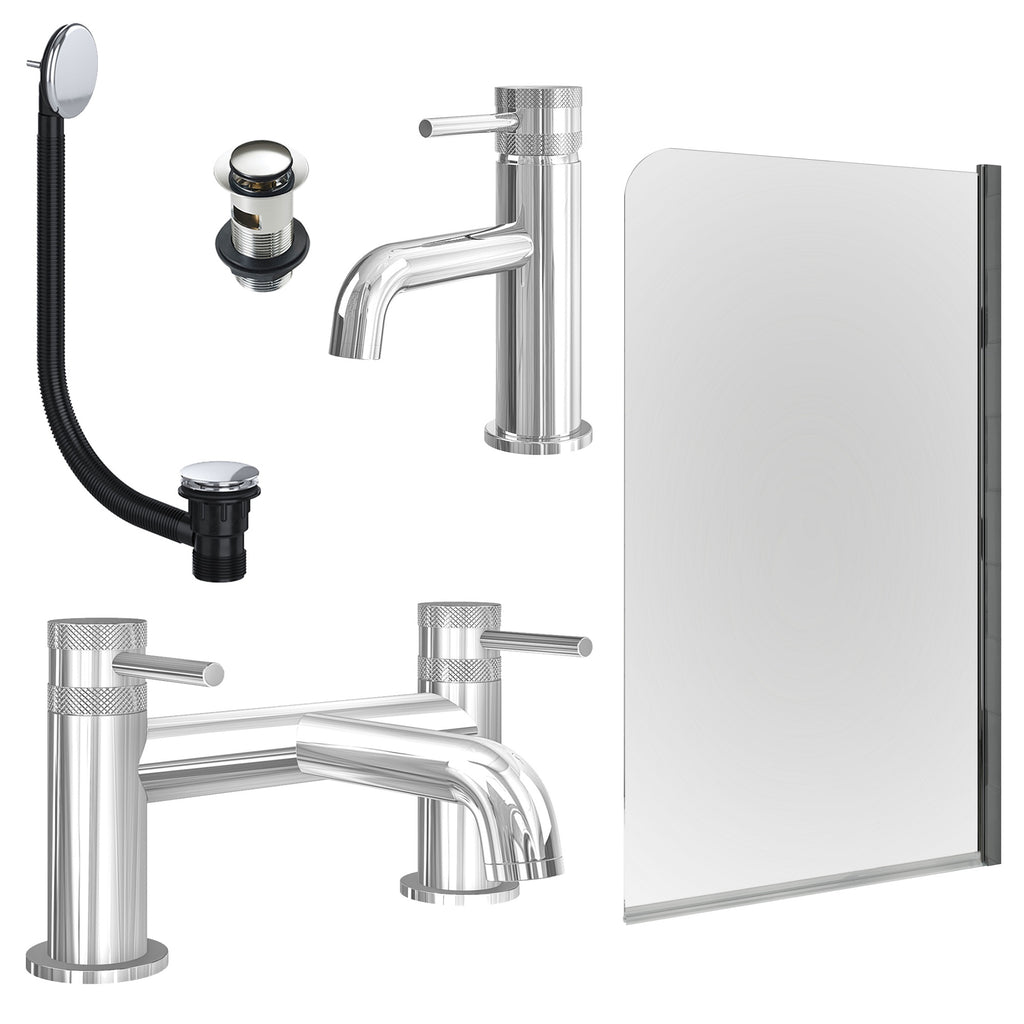 Chrome Basin Mixer Tap, Bath Filler with Slotted Basin and Bath Waste and Edge Bath Screen