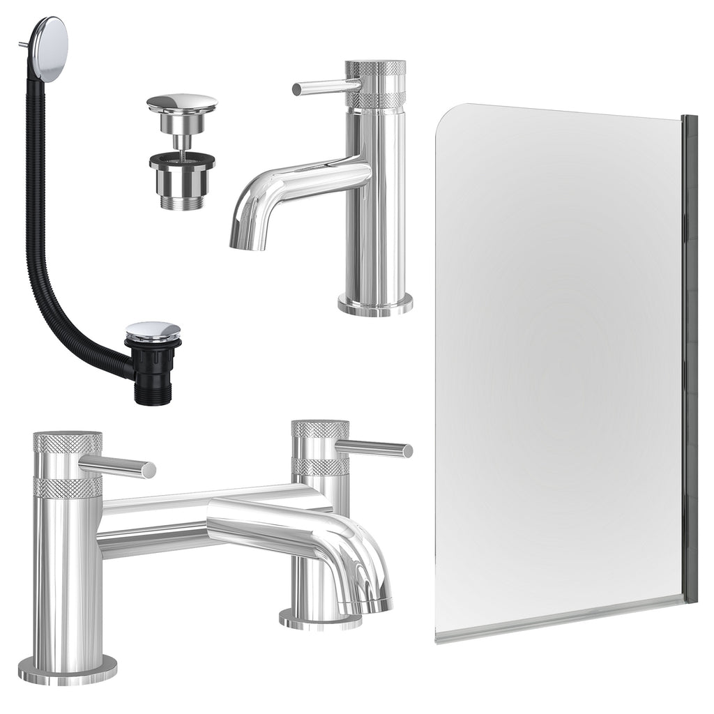Chrome Basin Mixer Tap, Bath Filler with Universal Basin and Bath Waste and Edge Bath Screen