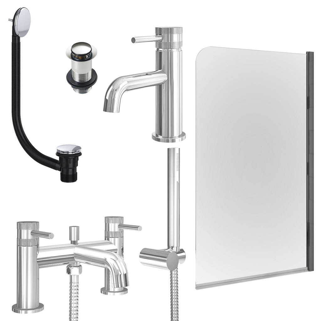 Chrome Basin Mixer Tap, Bath Shower Mixer with Unslotted Basin and Bath Waste and Edge Bath Screen