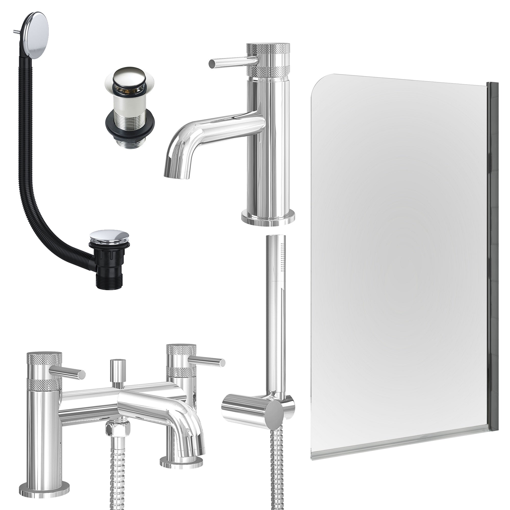 Chrome Basin Mixer Tap, Bath Shower Mixer with Unslotted Basin and Bath Waste and Edge Bath Screen