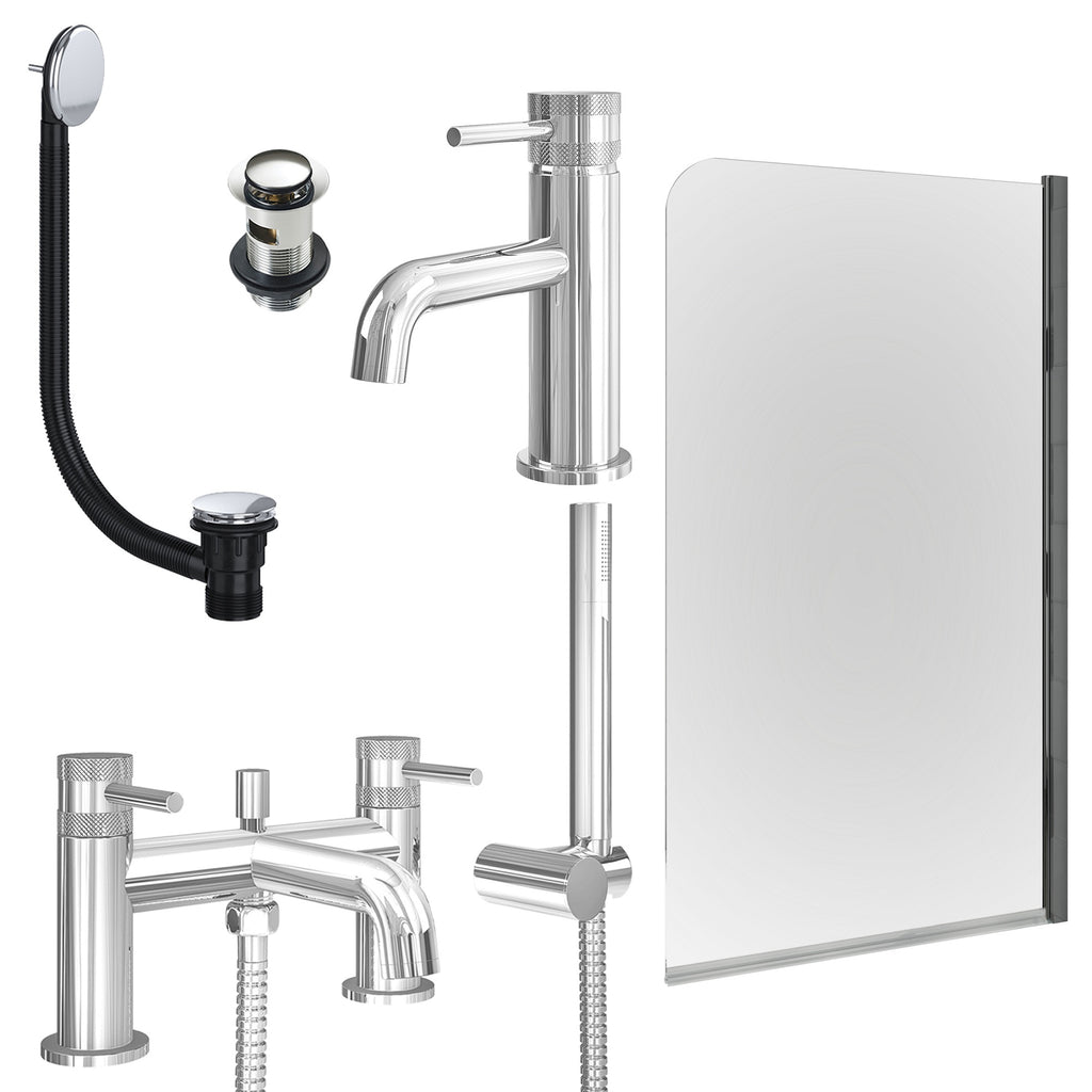 Chrome Basin Mixer Tap, Bath Shower Mixer with Slotted Basin and Bath Waste and Edge Bath Screen