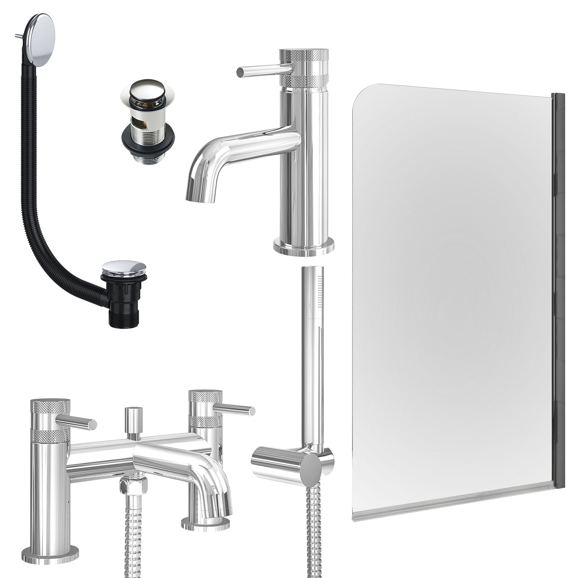 Chrome Basin Mixer Tap, Bath Shower Mixer with Slotted Basin and Bath Waste and Edge Bath Screen