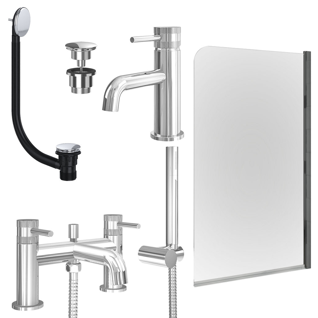 Chrome Basin Mixer Tap, Bath Shower Mixer with Universal Basin and Bath Waste and Edge Bath Screen