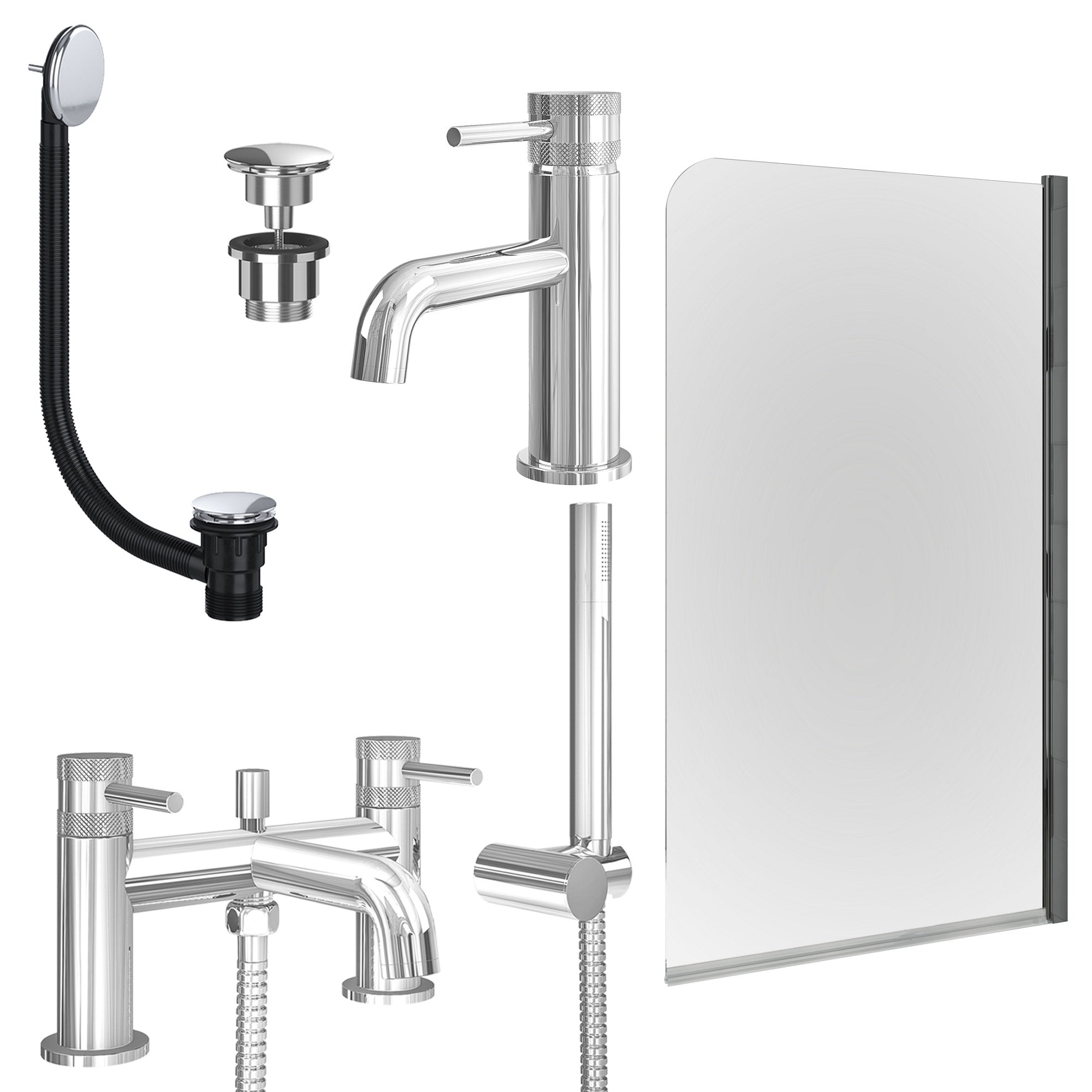 Chrome Basin Mixer Tap, Bath Shower Mixer with Universal Basin and Bath Waste and Edge Bath Screen