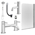 Chrome Basin Mixer Tap, Bath Filler and Rigid Shower with Unslotted Basin and Bath Waste and Edge Bath Screen