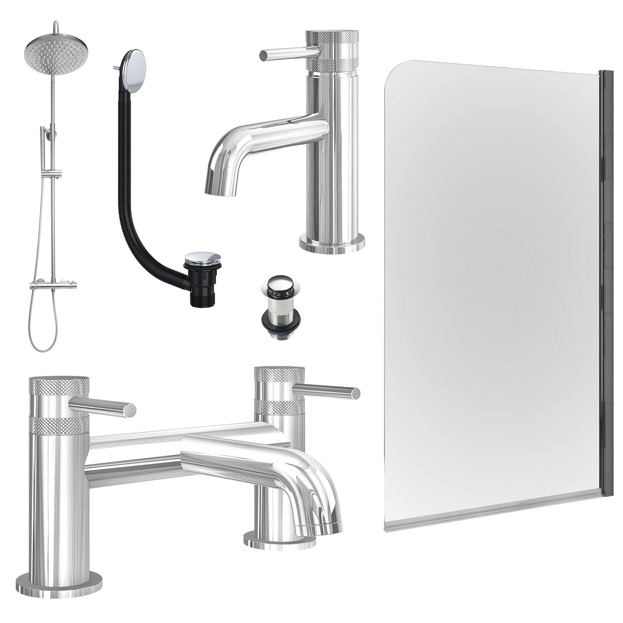 Chrome Basin Mixer Tap, Bath Filler and Rigid Shower with Unslotted Basin and Bath Waste and Edge Bath Screen