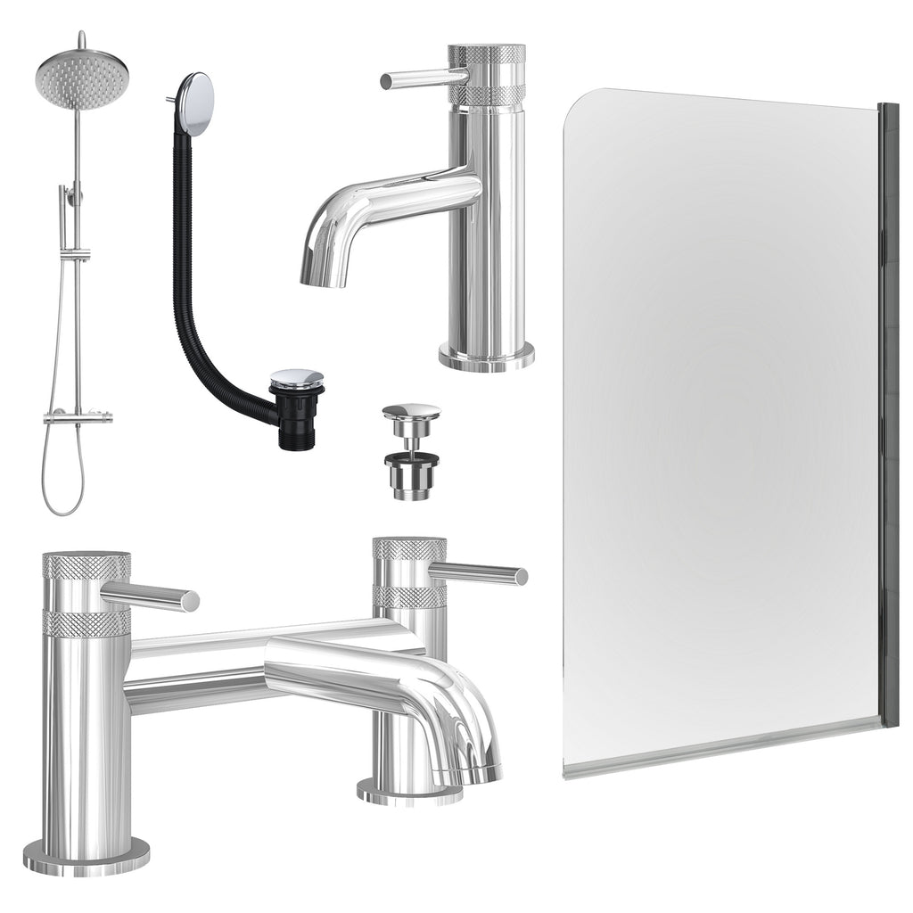 Chrome Basin Mixer Tap, Bath Filler and Rigid Shower with Universal Basin and Bath Waste and Edge Bath Screen