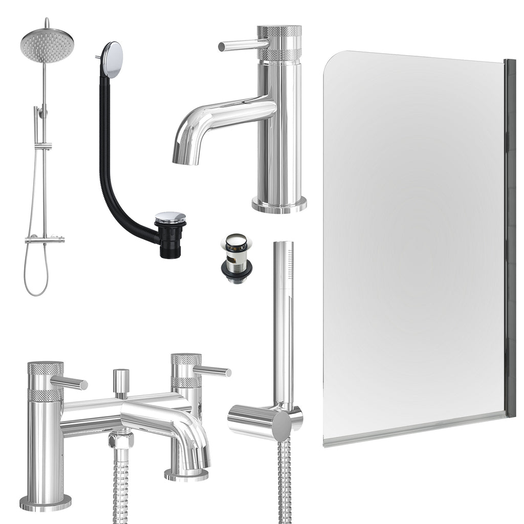 Chrome Basin Mixer Tap, Bath Shower Mixer and Rigid Shower with Slotted Basin and Bath Waste and Edge Bath Screen