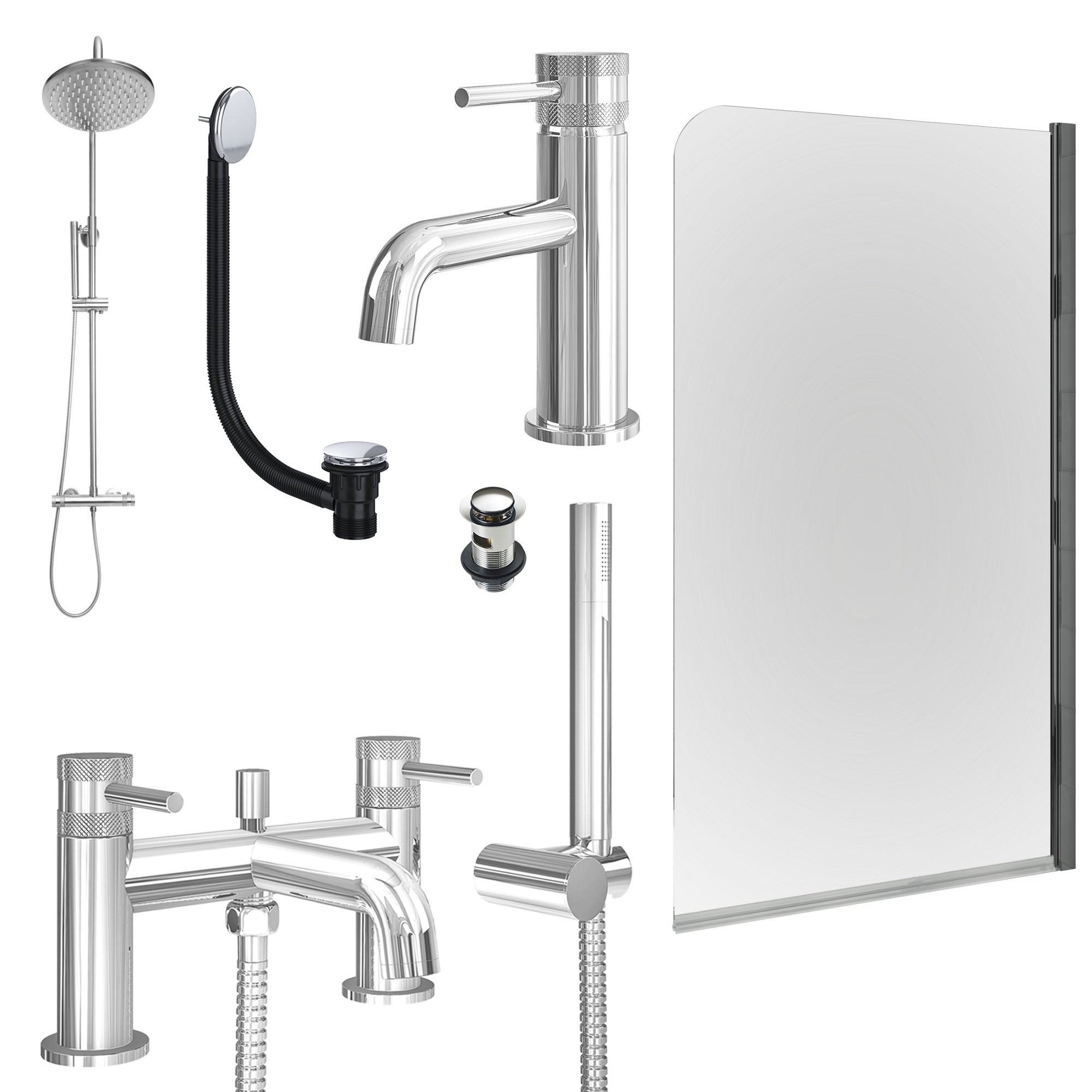 Chrome Basin Mixer Tap, Bath Shower Mixer and Rigid Shower with Slotted Basin and Bath Waste and Edge Bath Screen