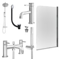 Chrome Basin Mixer Tap, Bath Shower Mixer and Rigid Shower with Universal Basin and Bath Waste and Edge Bath Screen