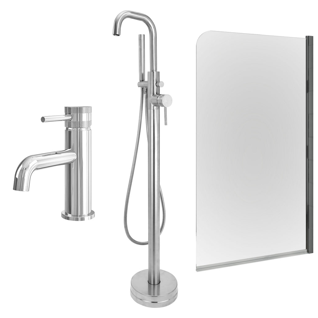 Chrome Basin Mixer and Freestanding Bath Shower Mixer and Edge Bath Screen