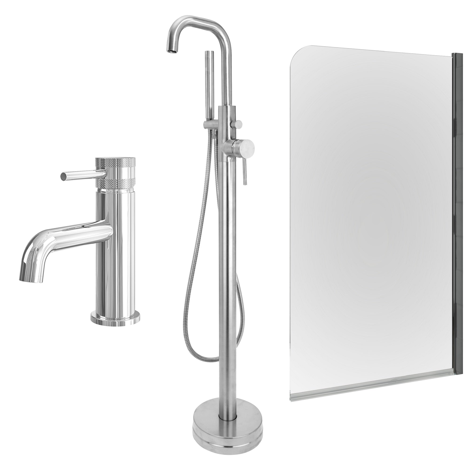 Chrome Basin Mixer and Freestanding Bath Shower Mixer and Edge Bath Screen
