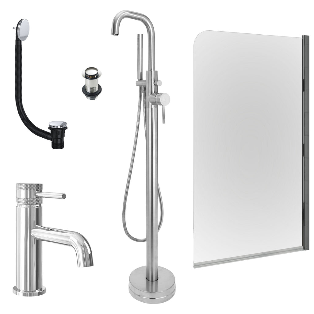 Chrome Basin Mixer and Freestanding Bath Shower Mixer and Unslotted Basin and Bath Waste and Edge Bath Screen