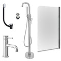 Chrome Basin Mixer and Freestanding Bath Shower Mixer and Unslotted Basin and Bath Waste and Edge Bath Screen