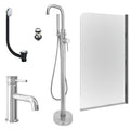 Chrome Basin Mixer and Freestanding Bath Shower Mixer and Slotted Basin and Bath Waste and Edge Bath Screen