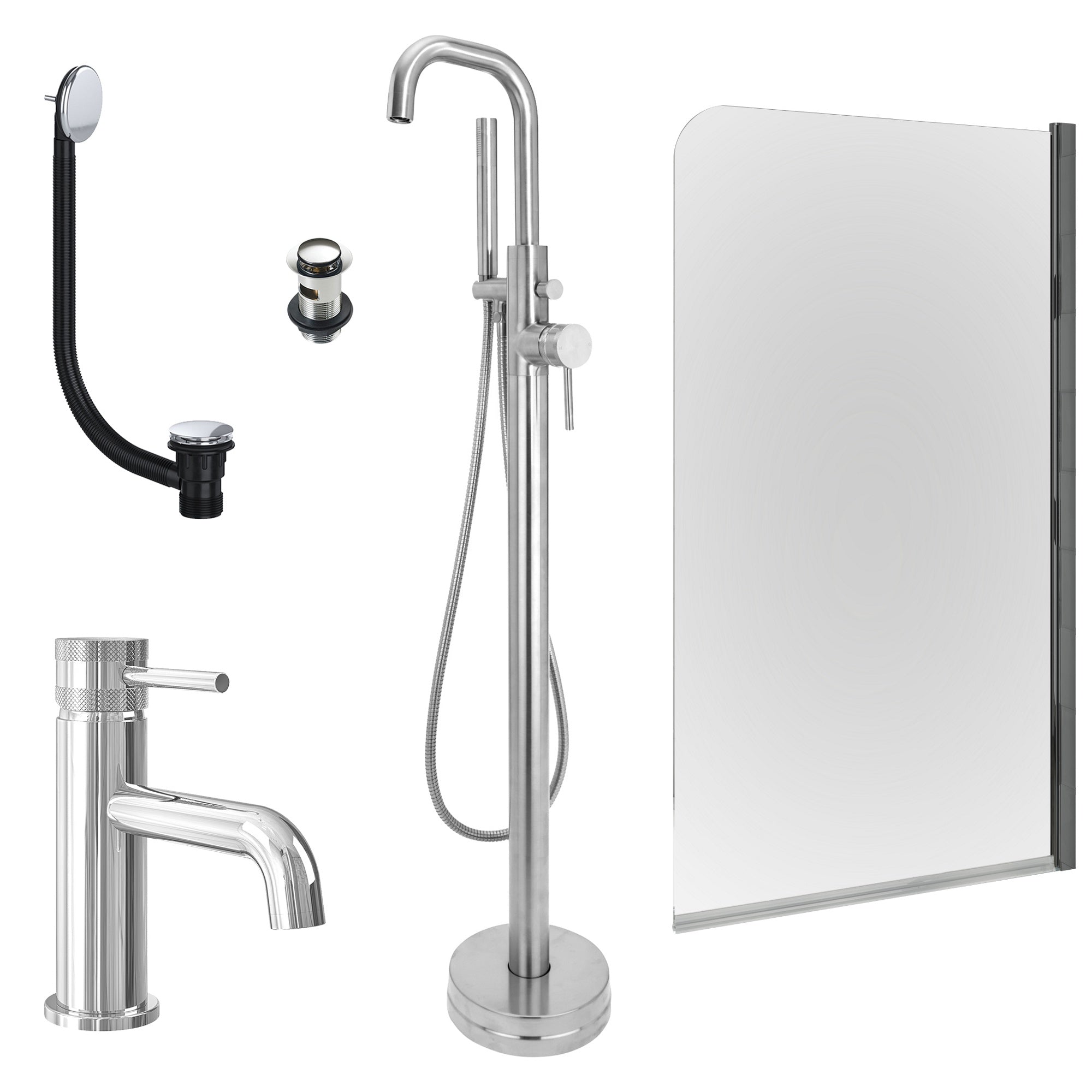 Chrome Basin Mixer and Freestanding Bath Shower Mixer and Slotted Basin and Bath Waste and Edge Bath Screen