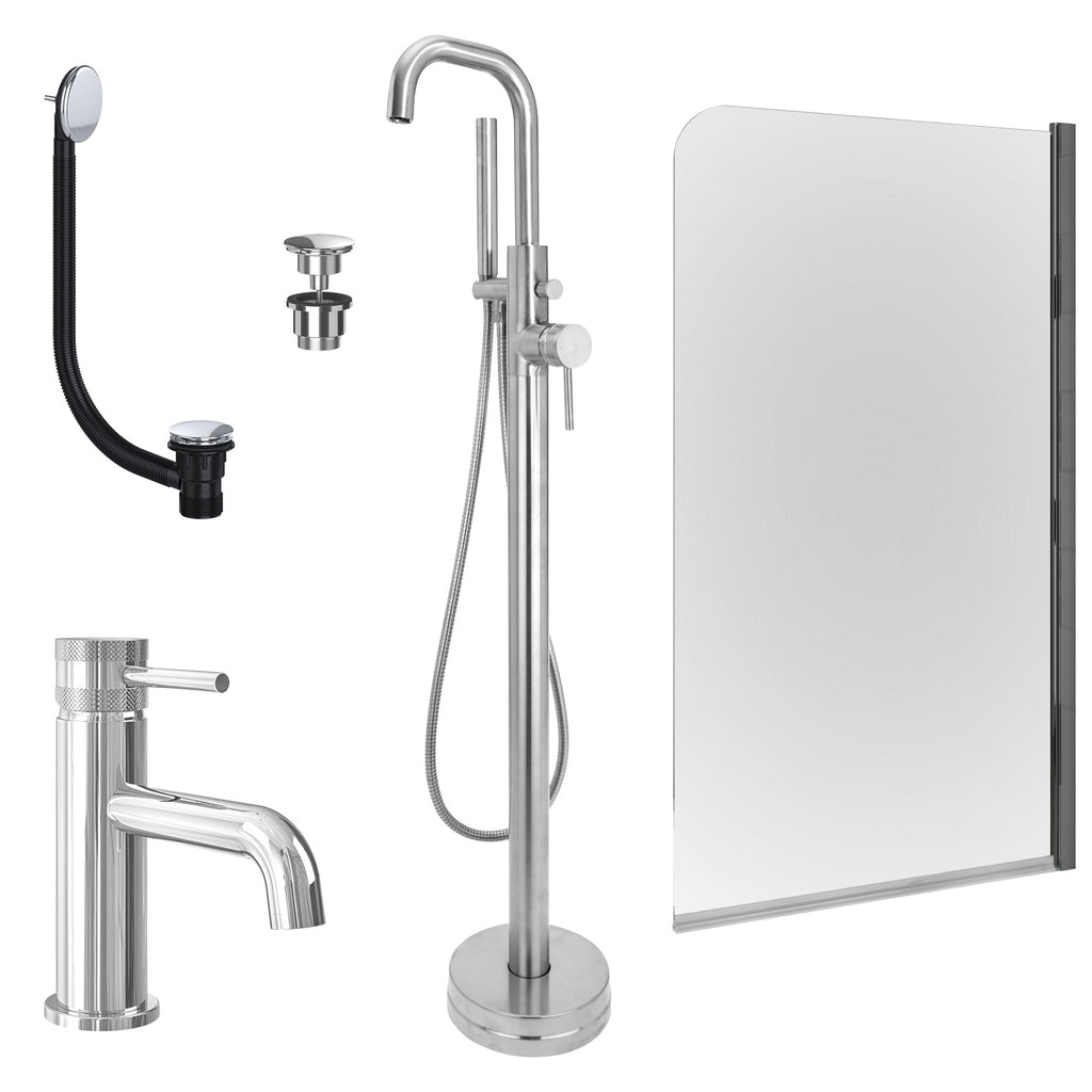 Chrome Basin Mixer and Freestanding Bath Shower Mixer and Universal Basin and Bath Waste and Edge Bath Screen