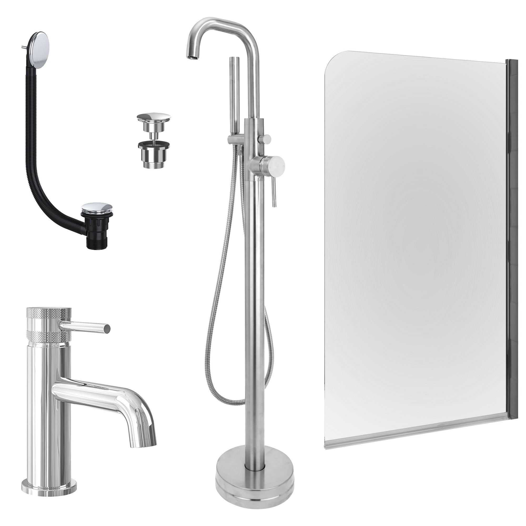 Chrome Basin Mixer and Freestanding Bath Shower Mixer and Universal Basin and Bath Waste and Edge Bath Screen
