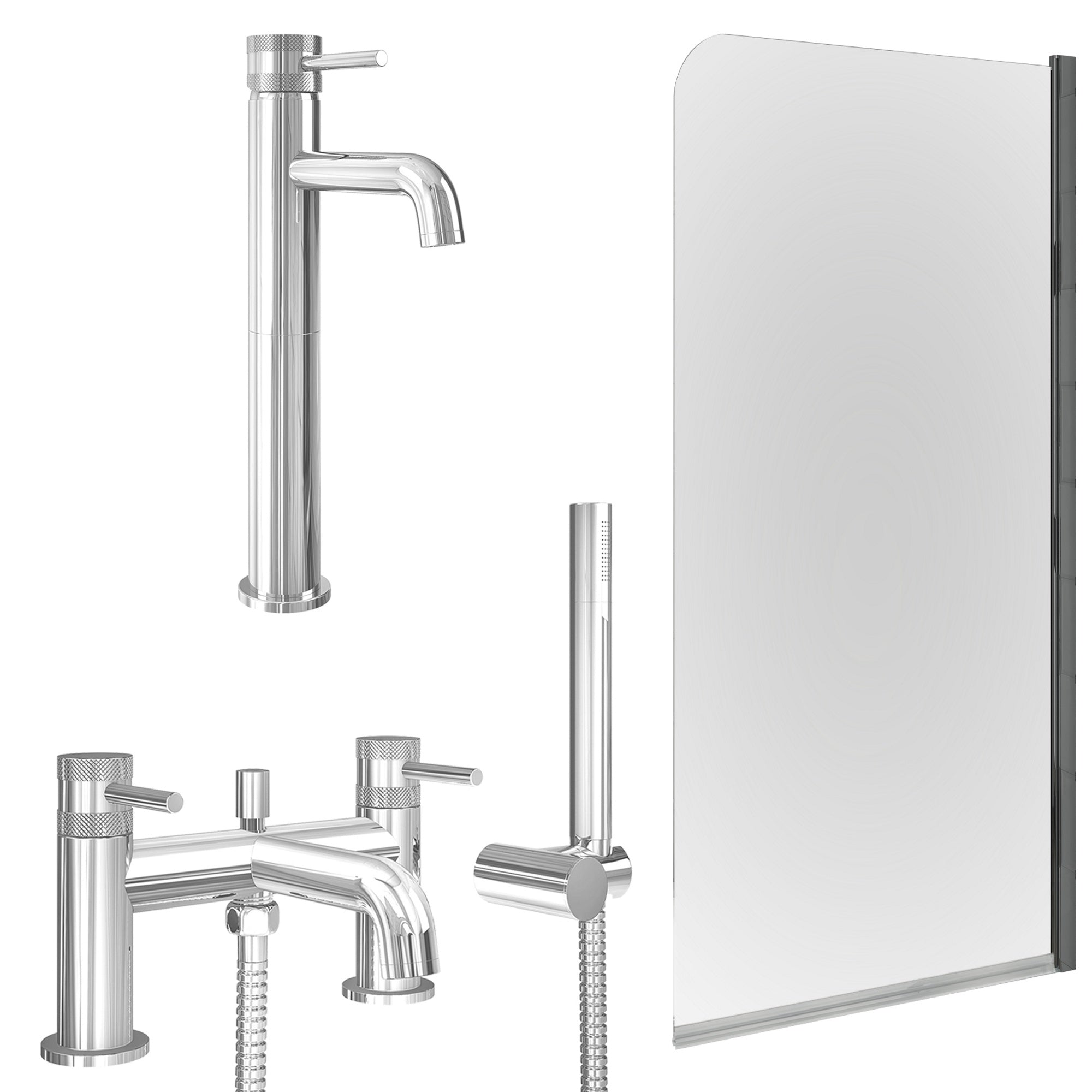 Chrome Tall Basin Mixer Tap, Bath Shower Mixer and Edge Bath Screen