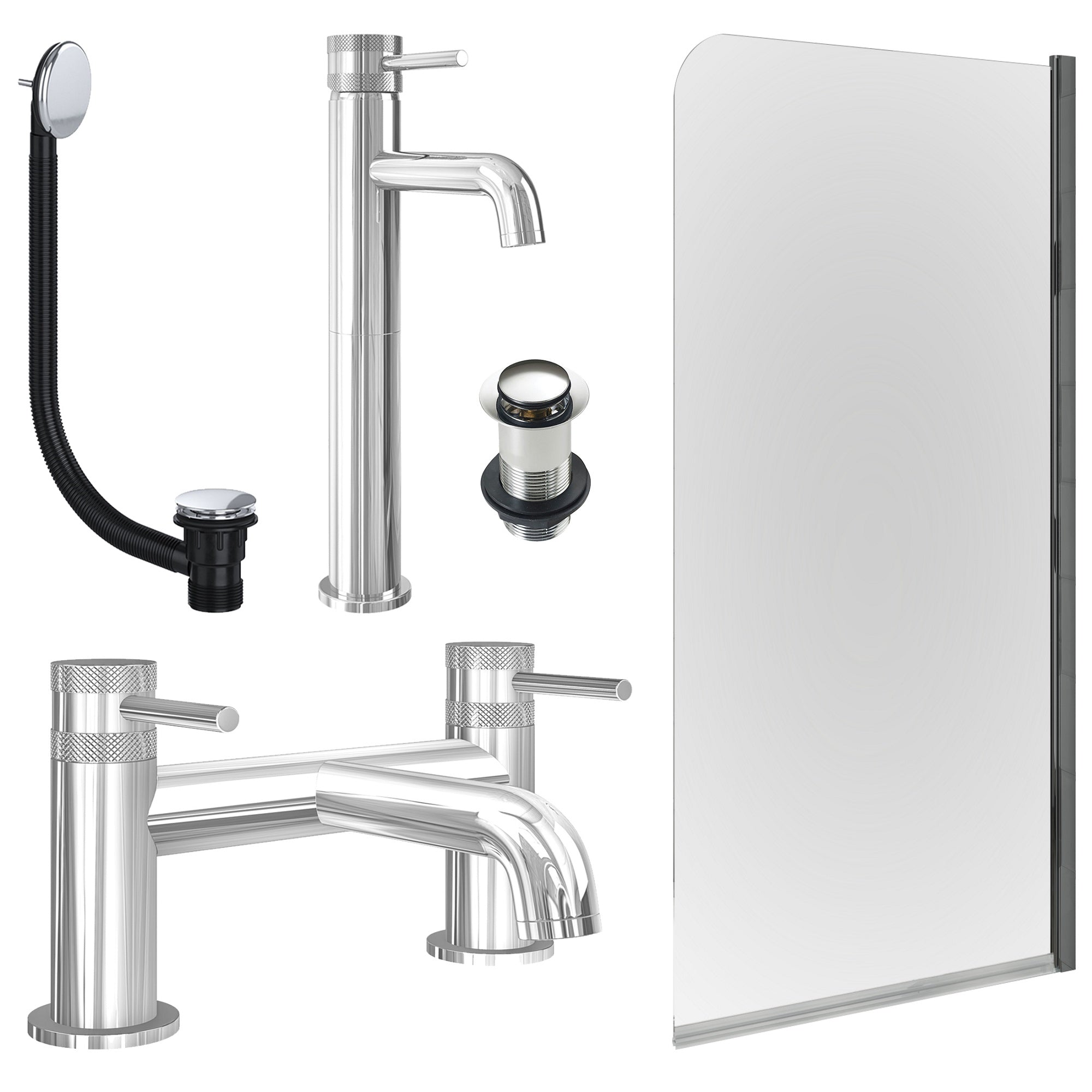 Chrome Tall Basin Mixer Tap, Bath Filler with Unslotted Basin and Bath Waste and Edge Bath Screen