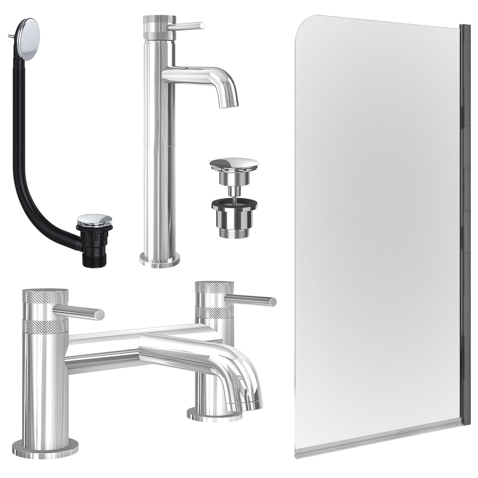 Chrome Tall Basin Mixer Tap, Bath Filler with Universal Basin and Bath Waste and Edge Bath Screen