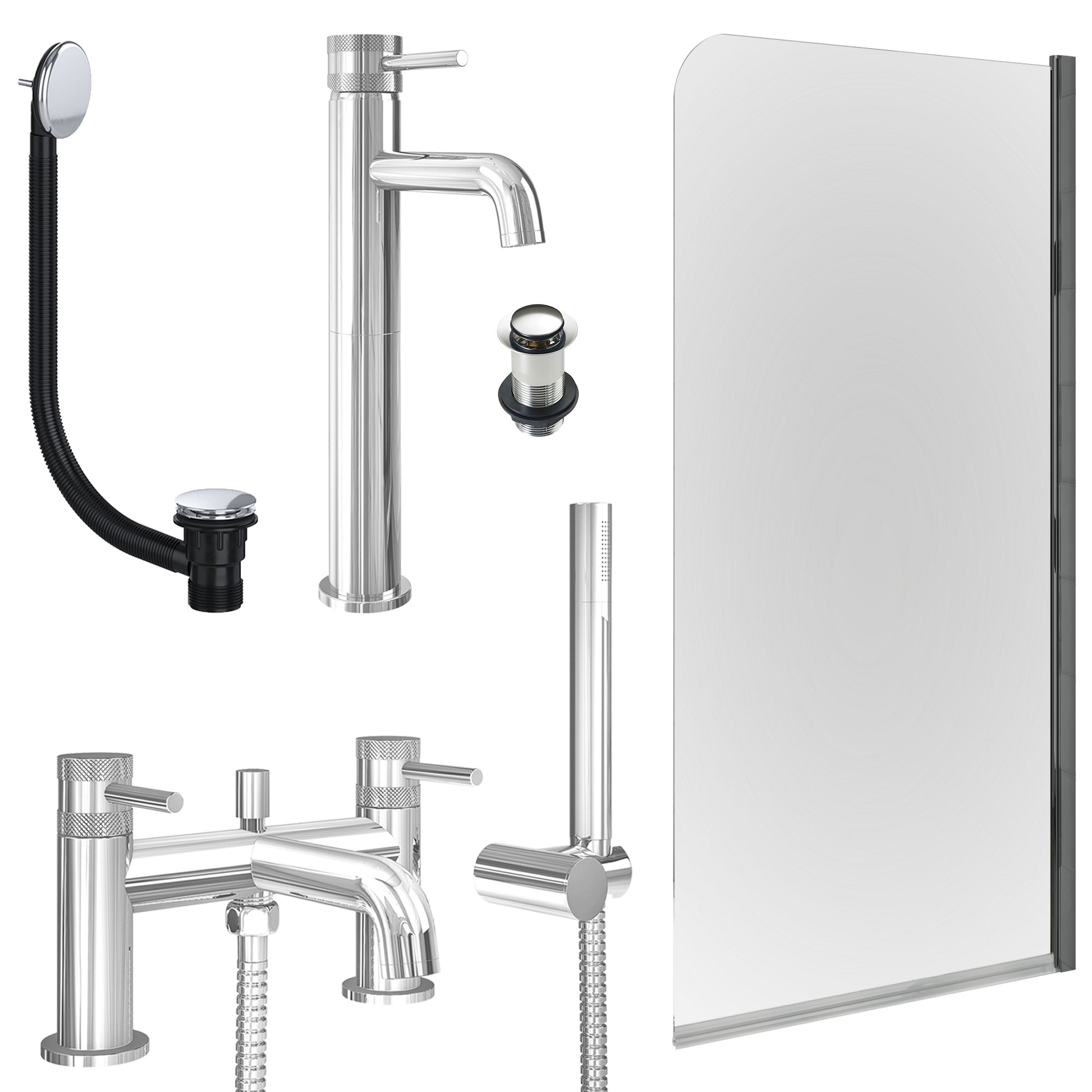 Chrome Tall Basin Mixer Tap, Bath Shower Mixer with Unslotted Basin and Bath Waste and Edge Bath Screen