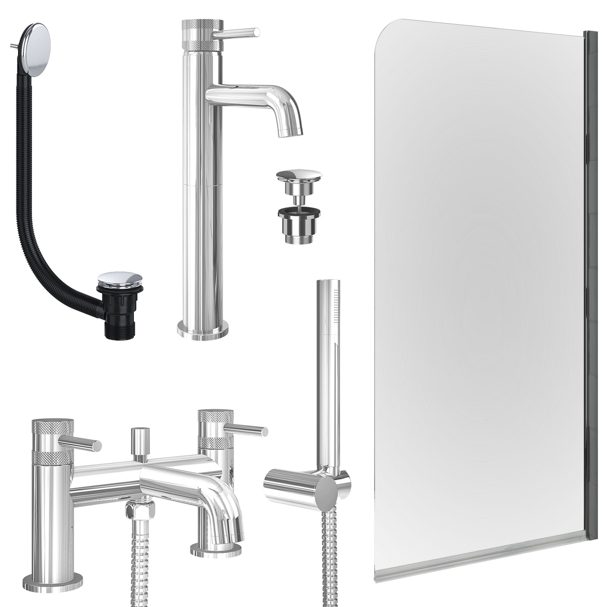 Chrome Tall Basin Mixer Tap, Bath Shower Mixer with Universal Basin and Bath Waste and Edge Bath Screen