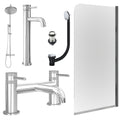 Chrome Tall Basin Mixer Tap, Bath Filler and Rigid Shower with Unslotted Basin and Bath Waste and Edge Bath Screen