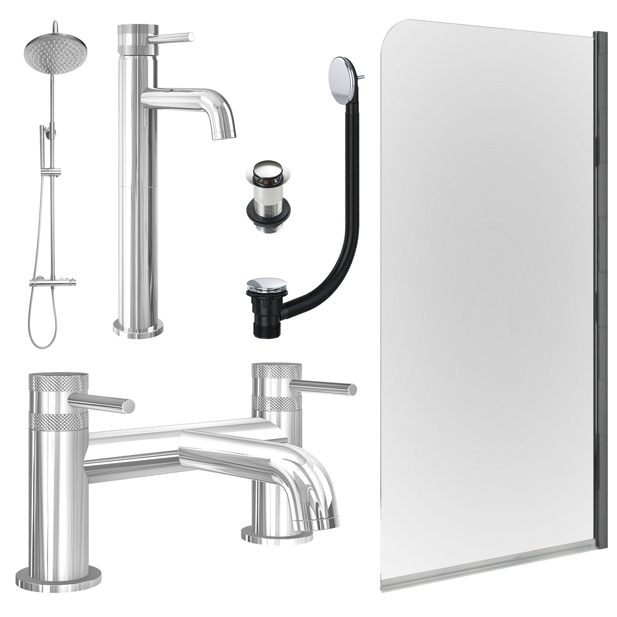 Chrome Tall Basin Mixer Tap, Bath Filler and Rigid Shower with Unslotted Basin and Bath Waste and Edge Bath Screen