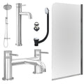 Chrome Tall Basin Mixer Tap, Bath Filler and Rigid Shower with Slotted Basin and Bath Waste and Edge Bath Screen