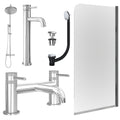 Chrome Tall Basin Mixer Tap, Bath Filler and Rigid Shower with Universal Basin and Bath Waste and Edge Bath Screen