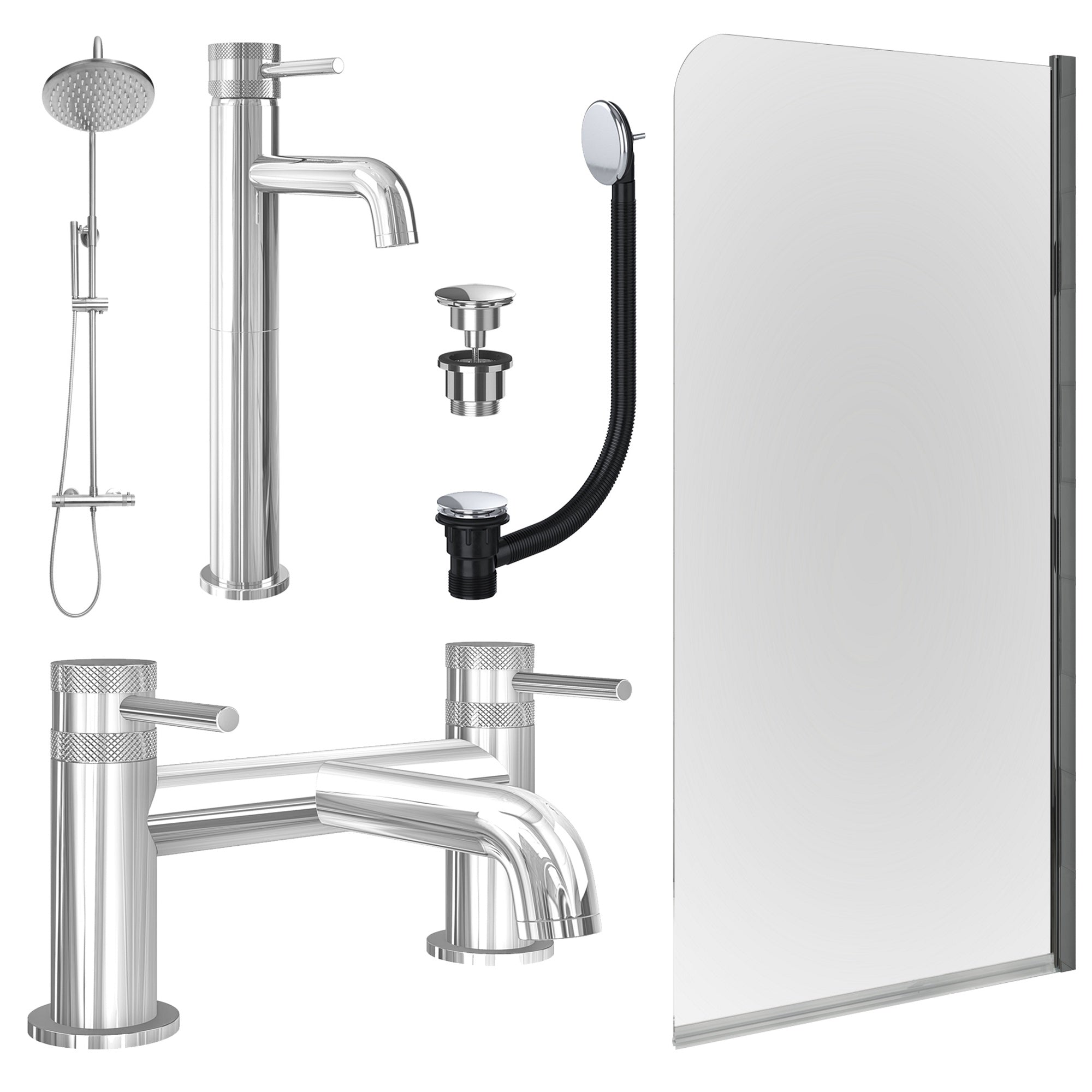 Chrome Tall Basin Mixer Tap, Bath Filler and Rigid Shower with Universal Basin and Bath Waste and Edge Bath Screen