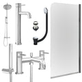 Chrome Tall Basin Mixer Tap, Bath Shower Mixer and Rigid Shower with Unslotted Basin and Bath Waste and Edge Bath Screen