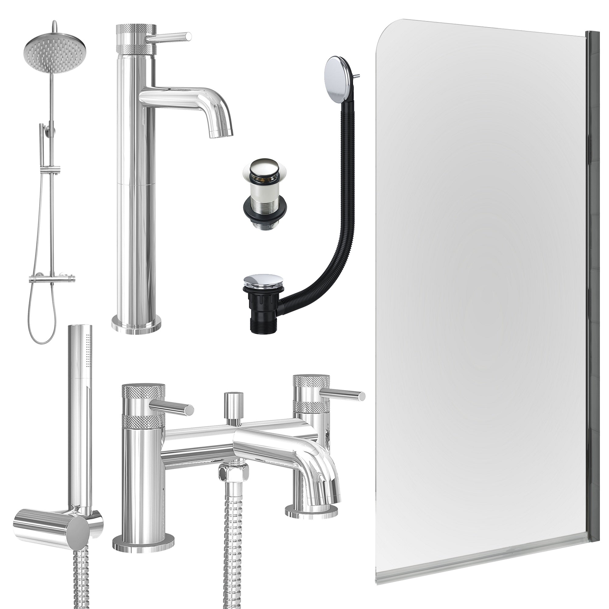 Chrome Tall Basin Mixer Tap, Bath Shower Mixer and Rigid Shower with Unslotted Basin and Bath Waste and Edge Bath Screen