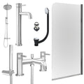 Chrome Tall Basin Mixer Tap, Bath Shower Mixer and Rigid Shower with Slotted Basin and Bath Waste and Edge Bath Screen