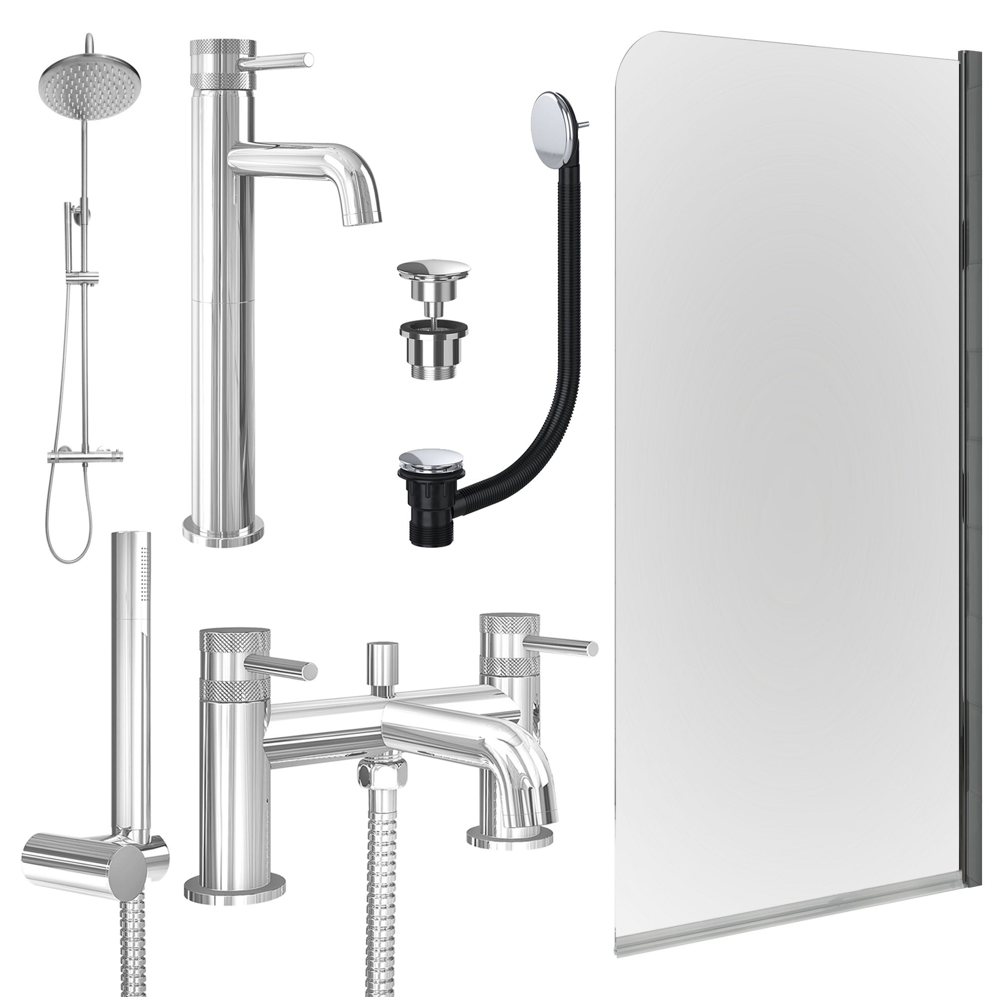 Chrome Tall Basin Mixer Tap, Bath Shower Mixer and Rigid Shower with Universal Basin and Bath Waste and Edge Bath Screen