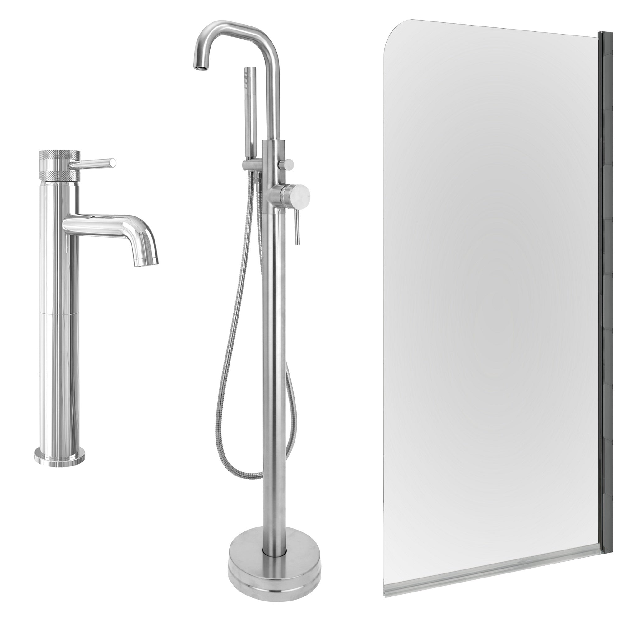 Chrome Tall Basin Mixer Tap, Freestanding Bath Shower Mixer and Edge Bath Screen