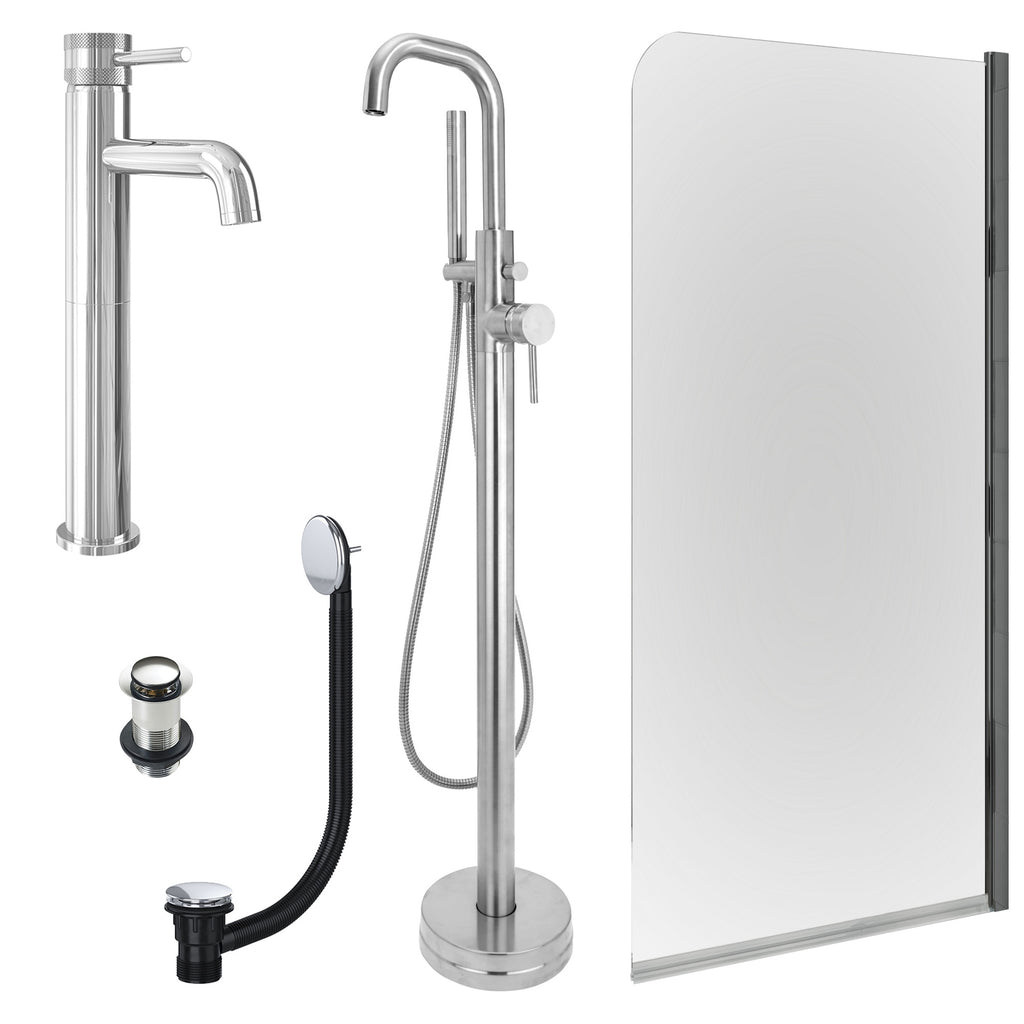 Chrome Tall Basin Mixer Tap, Freestanding Bath Shower Mixer and Unslotted Basin and Bath Waste and Edge Bath Screen