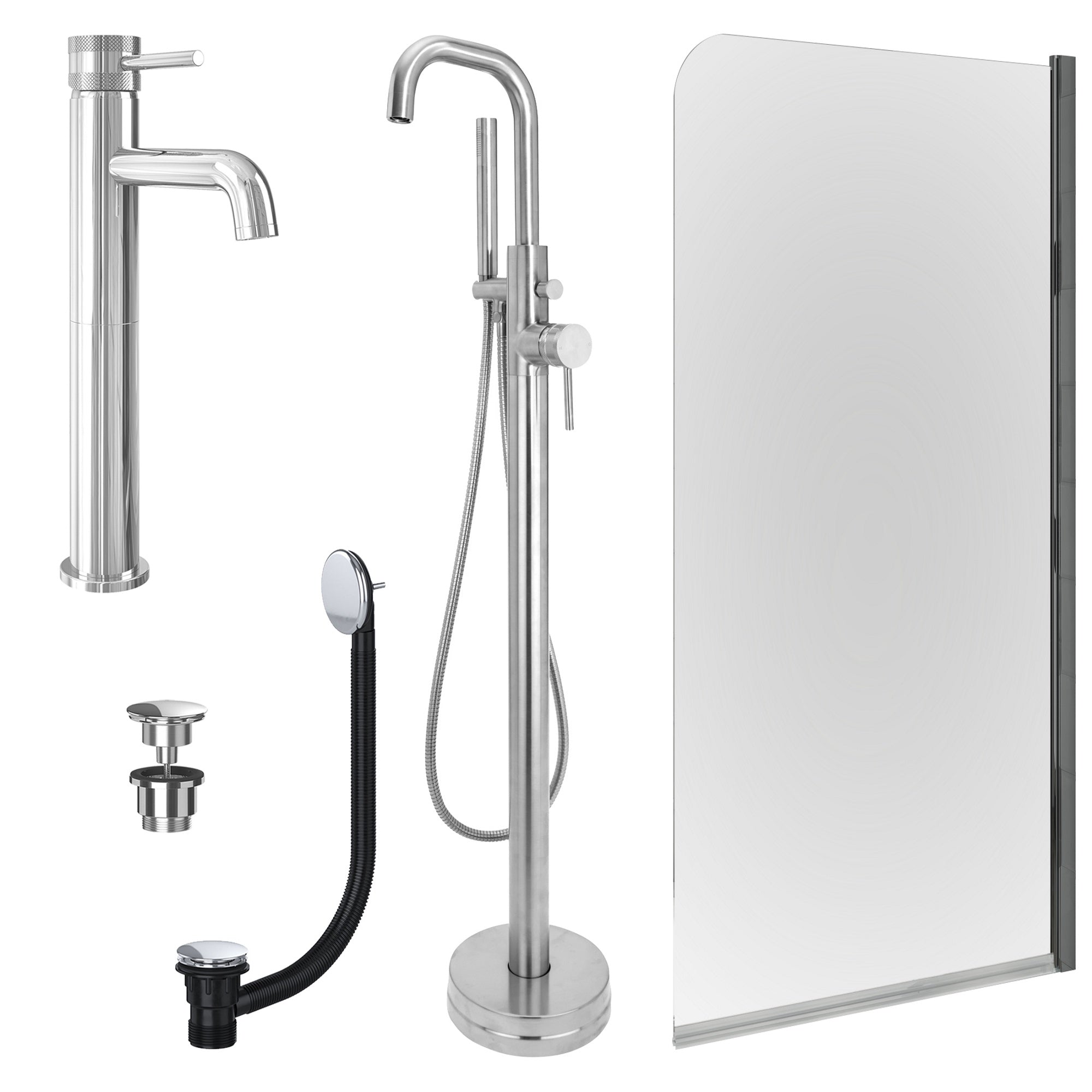 Chrome Tall Basin Mixer Tap, Freestanding Bath Shower Mixer and Universal Basin and Bath Waste and Edge Bath Screen