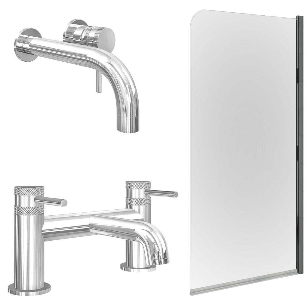 Chrome Wall Mounted Basin Mixer Tap with Bath Filler and Edge Bath Screen
